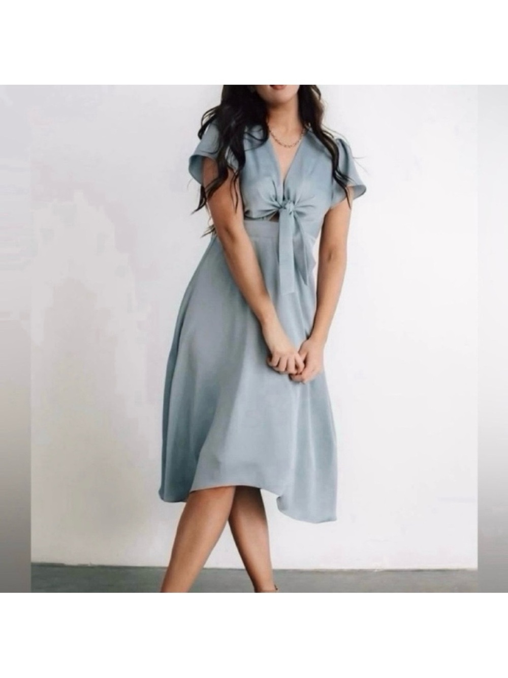 Baltic Born Poppy Satin Tie Front Midi Short Sleeve Dress in blue